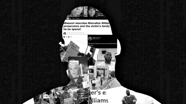 A silhouette of Marcellus Williams. Inside the silhouette are screenshots of various online posts about him.
