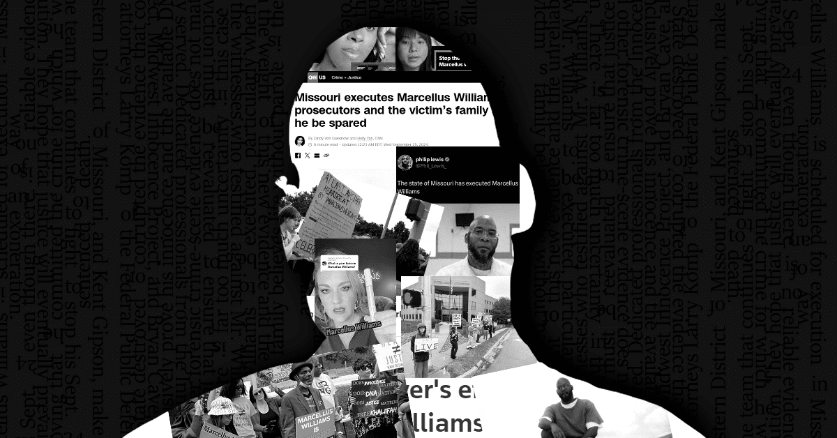 A silhouette of Marcellus Williams. Inside the silhouette are screenshots of various online posts about him.