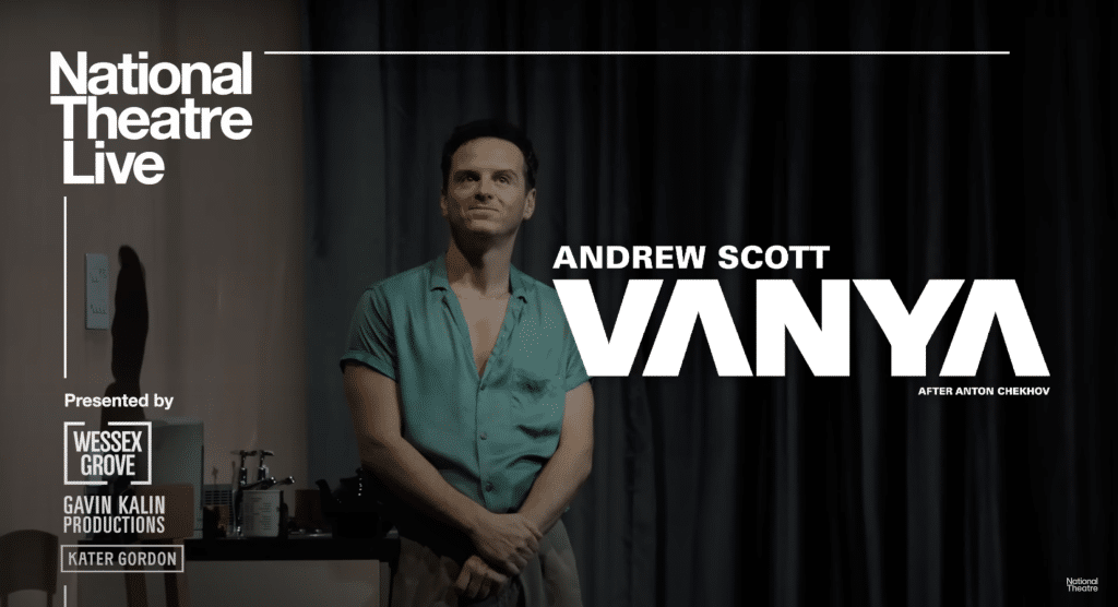 Andrew Scott in a blue shirt in the play "Vanya" with the logo.