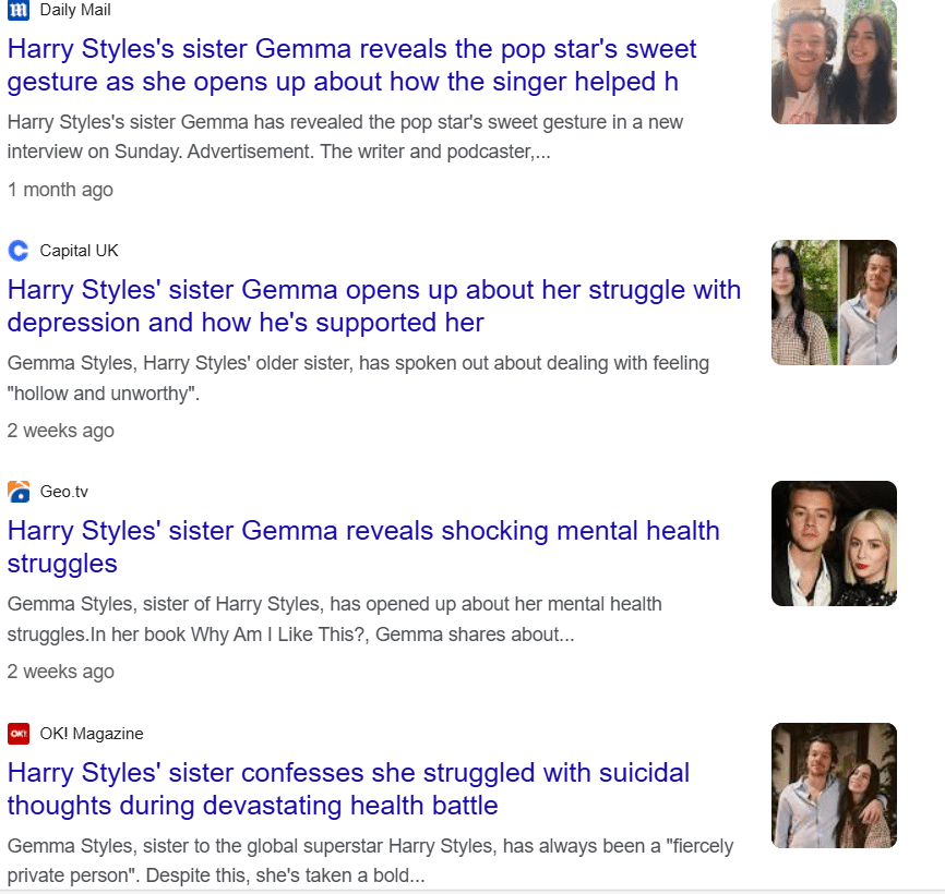 A screenshot of article titles referring to Gemma as "Harry Styles's sister"