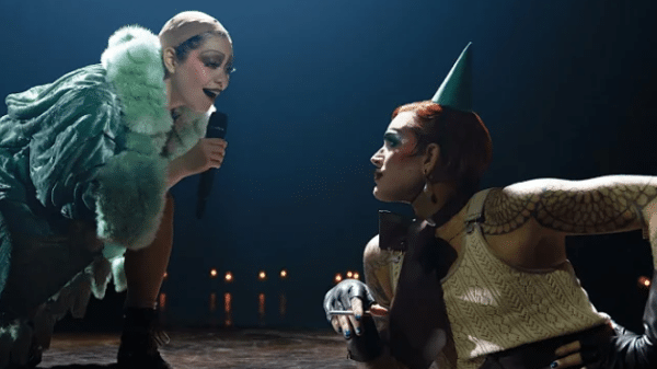 Adam Lambert and Auli'i Cravalho dressed as Sally Bowles and the Emcee in Broadway's Cabaret.