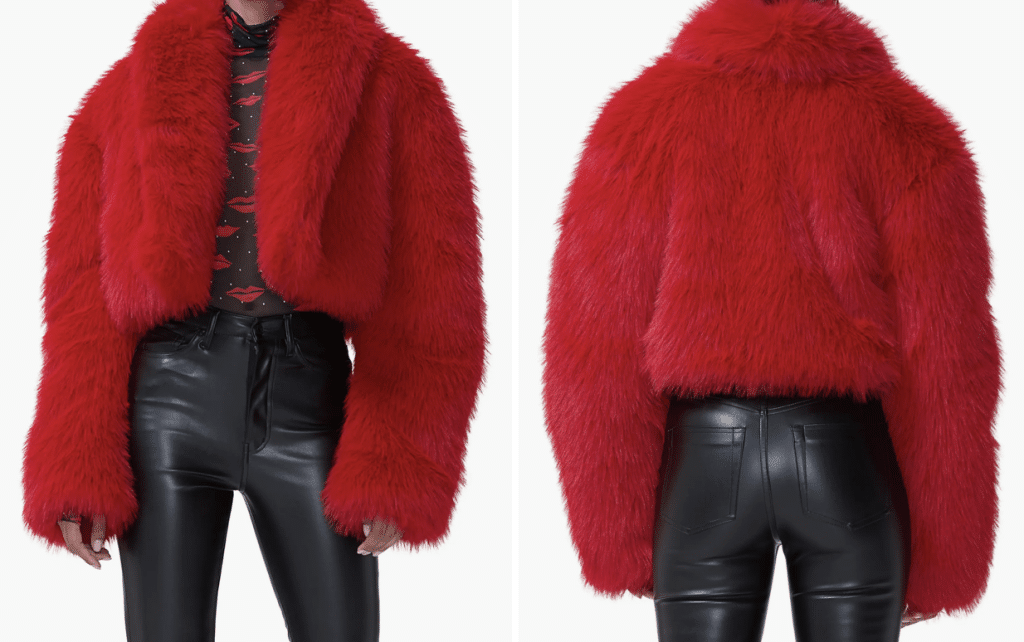 Red AFRM jacket and black leather pants