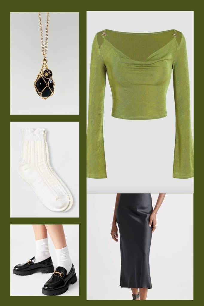 fall outfit collage featuring a black skirt green top and black loafers