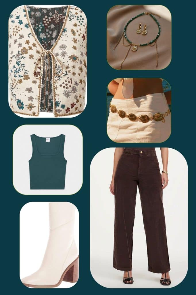 collage featuring brown corduroy pants, a multicolor vest, and gold jewelry