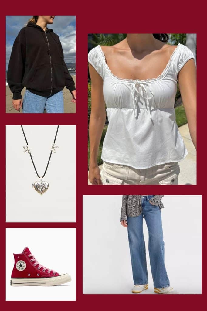 fall outfit collage with low rise jeans and w frilly white blouse