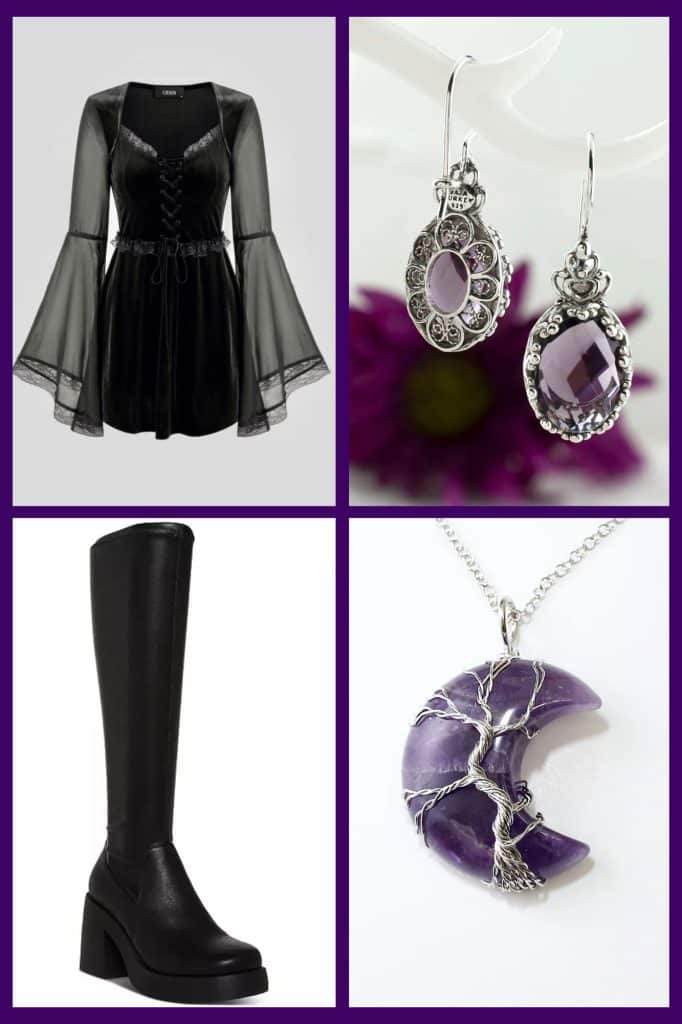 fall outfits collage of a short black velvet dress with tall black boots