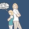 An older woman back to back with her younger self who is being parentified, and having stressful thoughts of all the things she has to do.