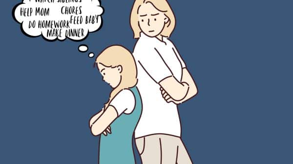 An older woman back to back with her younger self who is being parentified, and having stressful thoughts of all the things she has to do.