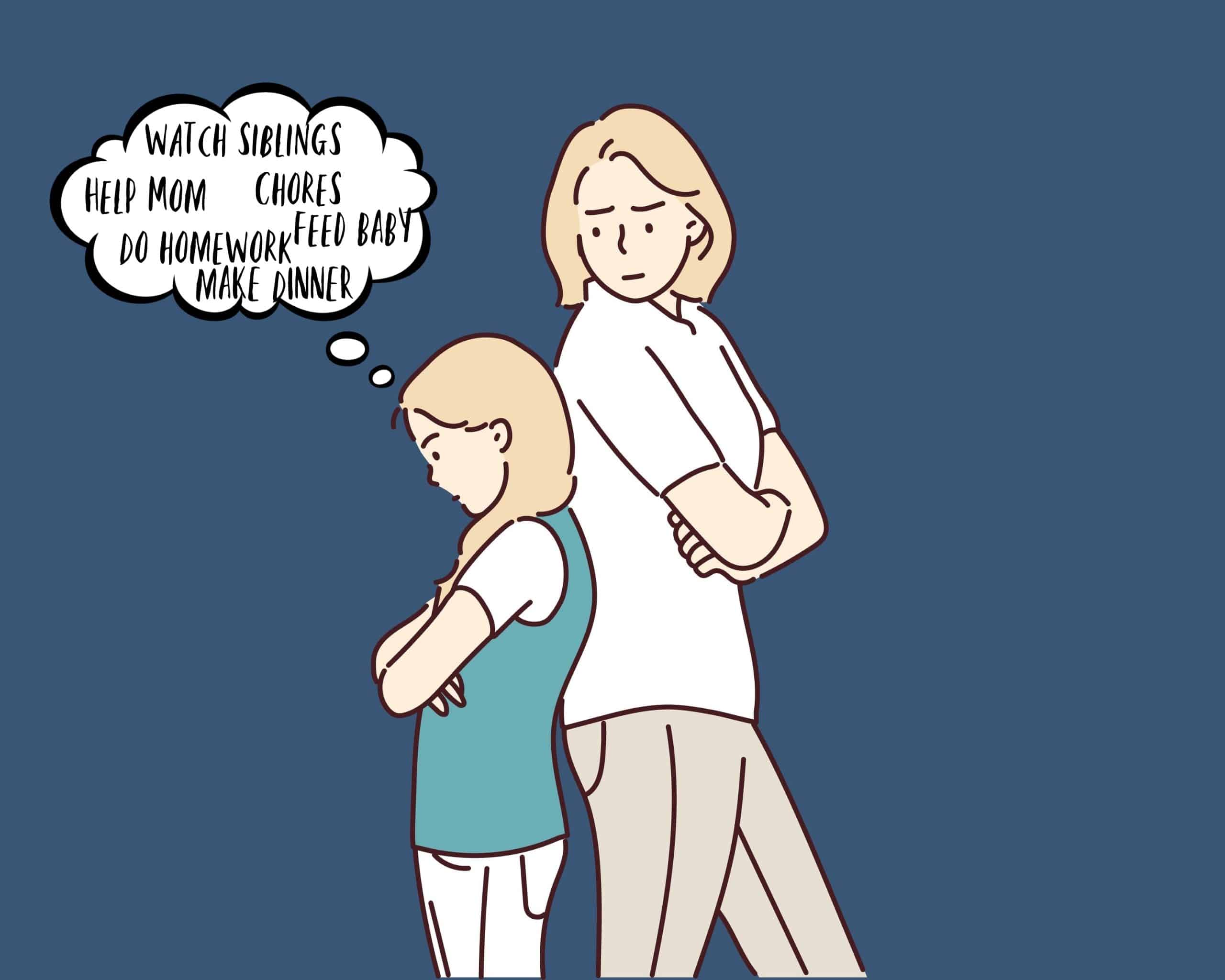 An older woman back to back with her younger self who is being parentified, and having stressful thoughts of all the things she has to do.