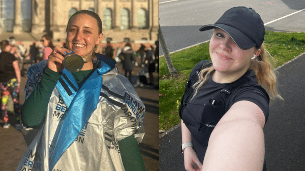 A split image, on the left a young woman smiling holding the medal around her nexk up wearing a thermal blanket, on the right a woman wearing black running gear taking a selfie smiling at the camera.