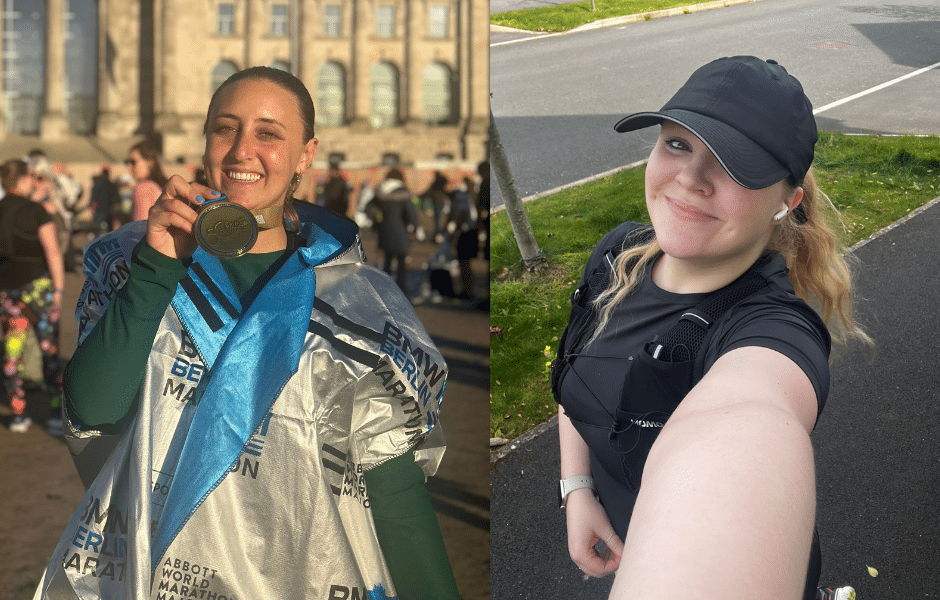 A split image, on the left a young woman smiling holding the medal around her nexk up wearing a thermal blanket, on the right a woman wearing black running gear taking a selfie smiling at the camera.