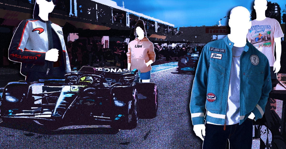 Faceless figures in front of a Formula 1 race track wearing F1 branded fashion items.