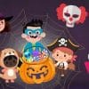 Several costumed characters gather around a jack-o-lantern filled with candy, including a ghost, a witch, a dog, a superhero, a pirate, a clown, a vampire, and Ghostface.