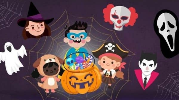 Several costumed characters gather around a jack-o-lantern filled with candy, including a ghost, a witch, a dog, a superhero, a pirate, a clown, a vampire, and Ghostface.