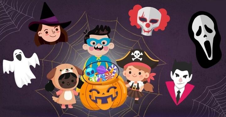 Several costumed characters gather around a jack-o-lantern filled with candy, including a ghost, a witch, a dog, a superhero, a pirate, a clown, a vampire, and Ghostface.