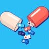 Pill capsule spilling out social media notifications, likes, and friend requests. Social media addiction.