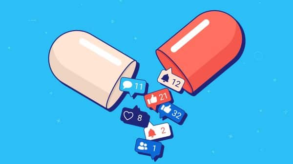 Pill capsule spilling out social media notifications, likes, and friend requests. Social media addiction.
