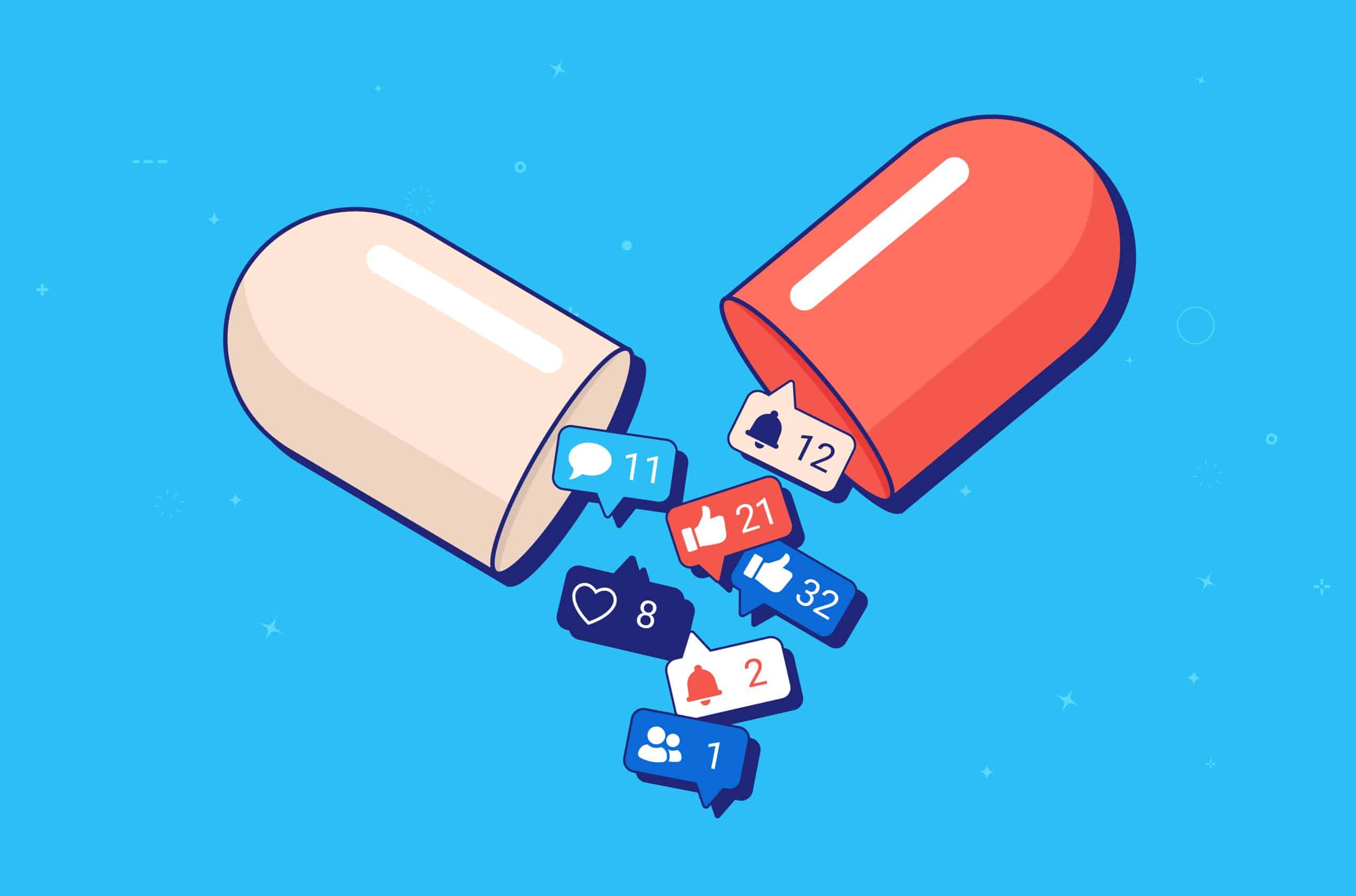 Pill capsule spilling out social media notifications, likes, and friend requests. Social media addiction.