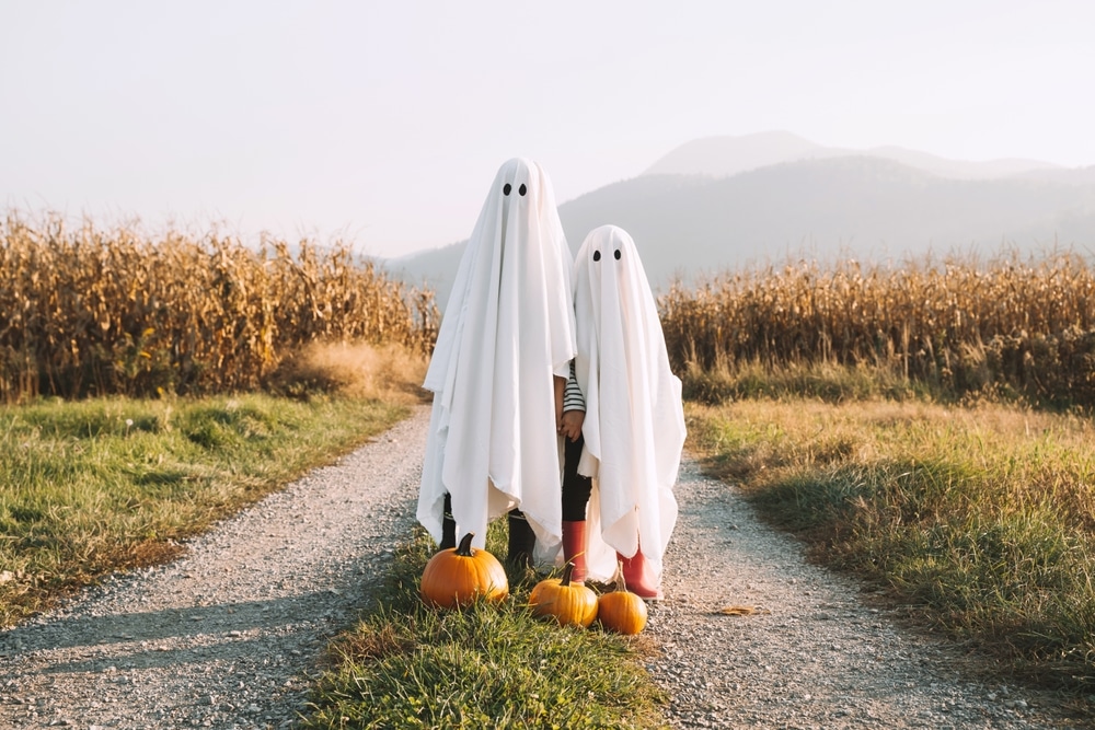 Children in timeless ghost costumes (white sheets with eye holes). Cornfield and pumpkins in the background.