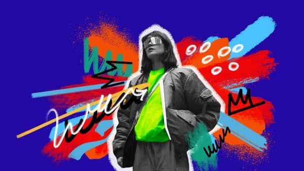 Young woman showing style in vibrant and colorful streetwear outfit on bright abstract background. | Credit: Master1305