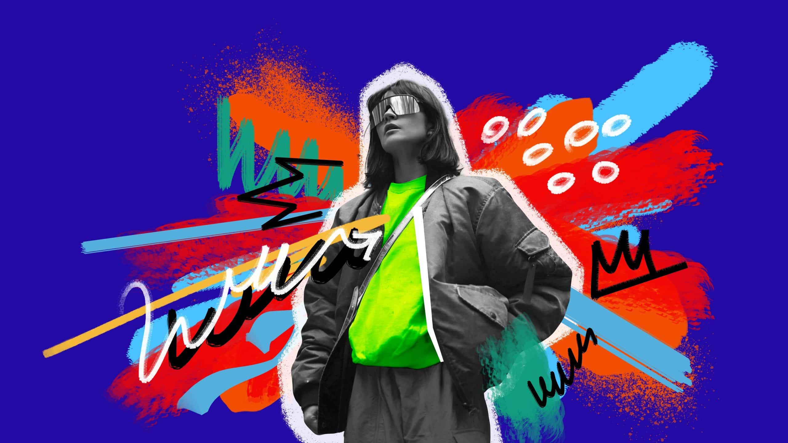 Young woman showing style in vibrant and colorful streetwear outfit on bright abstract background. | Credit: Master1305