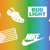 brand logos in front of rainbow background