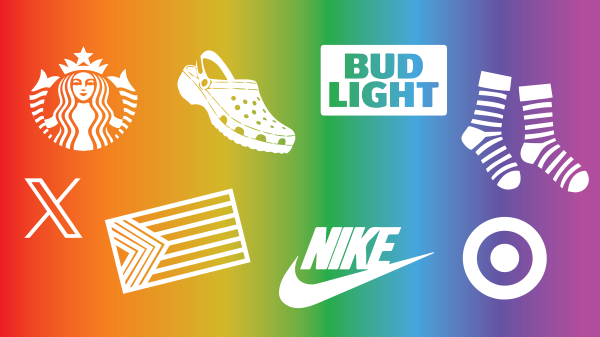 brand logos in front of rainbow background