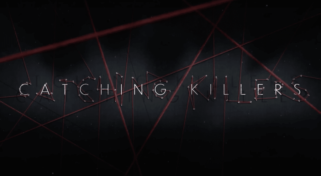 Words of "Catching Killers" surrounded by red string.