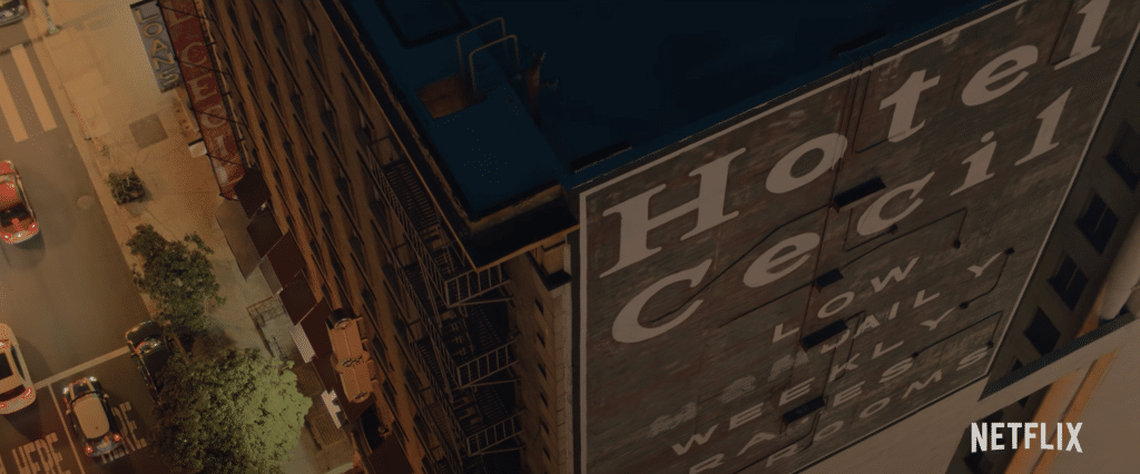 An overhead shot of a tall hotel with the words "Hotel Cecil" on the side.