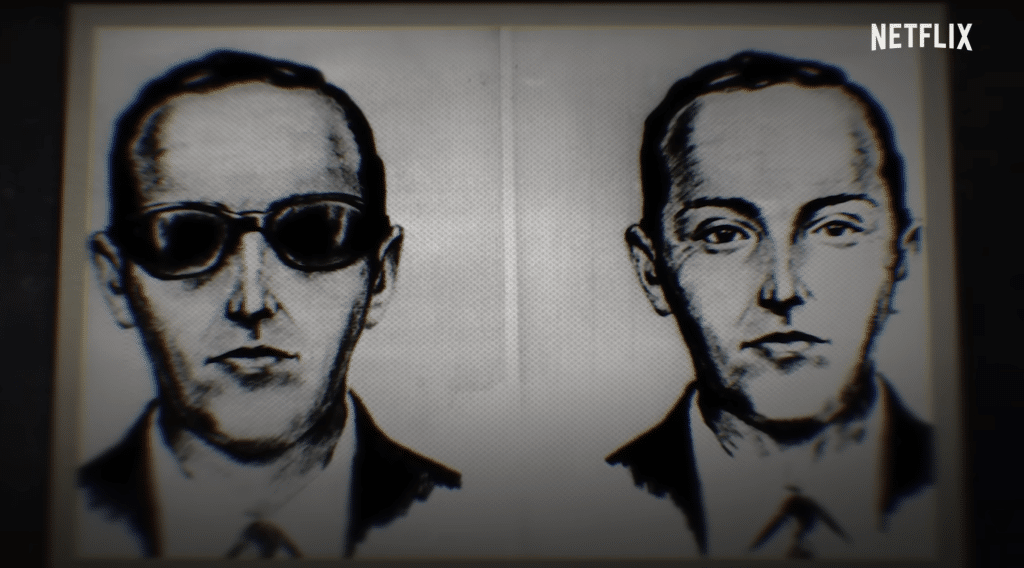 Black and white sketches of a man in sunglasses otherwise known as D.B. Cooper.