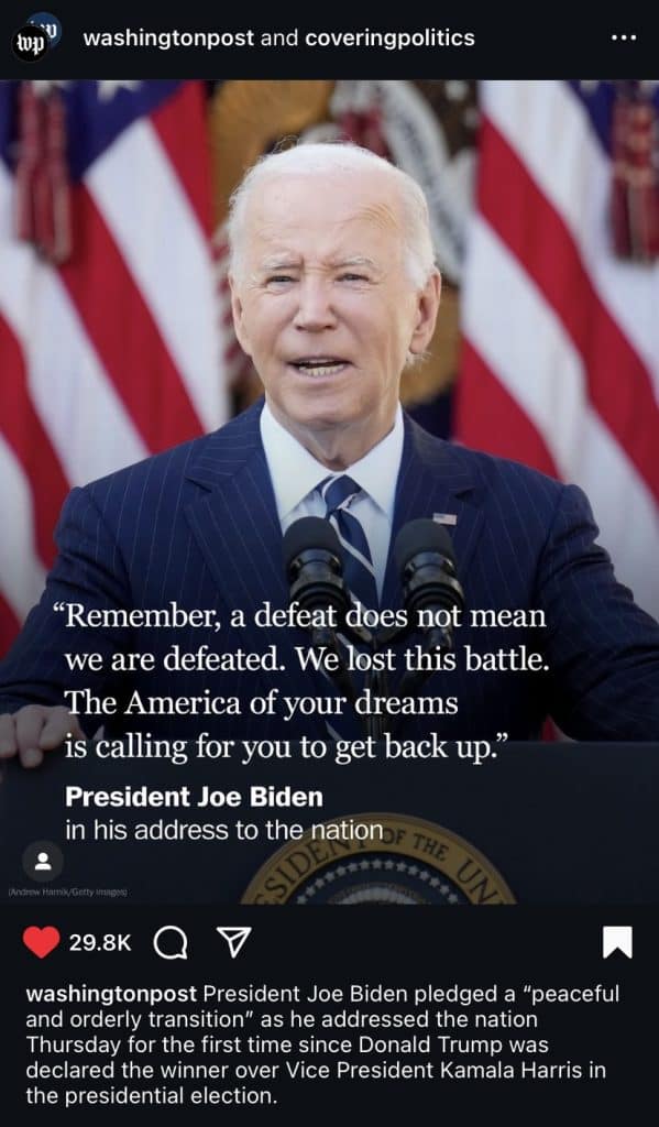 A quote from Biden's address to the nation following the election results, via The Washington Post on Instagram. Vote.