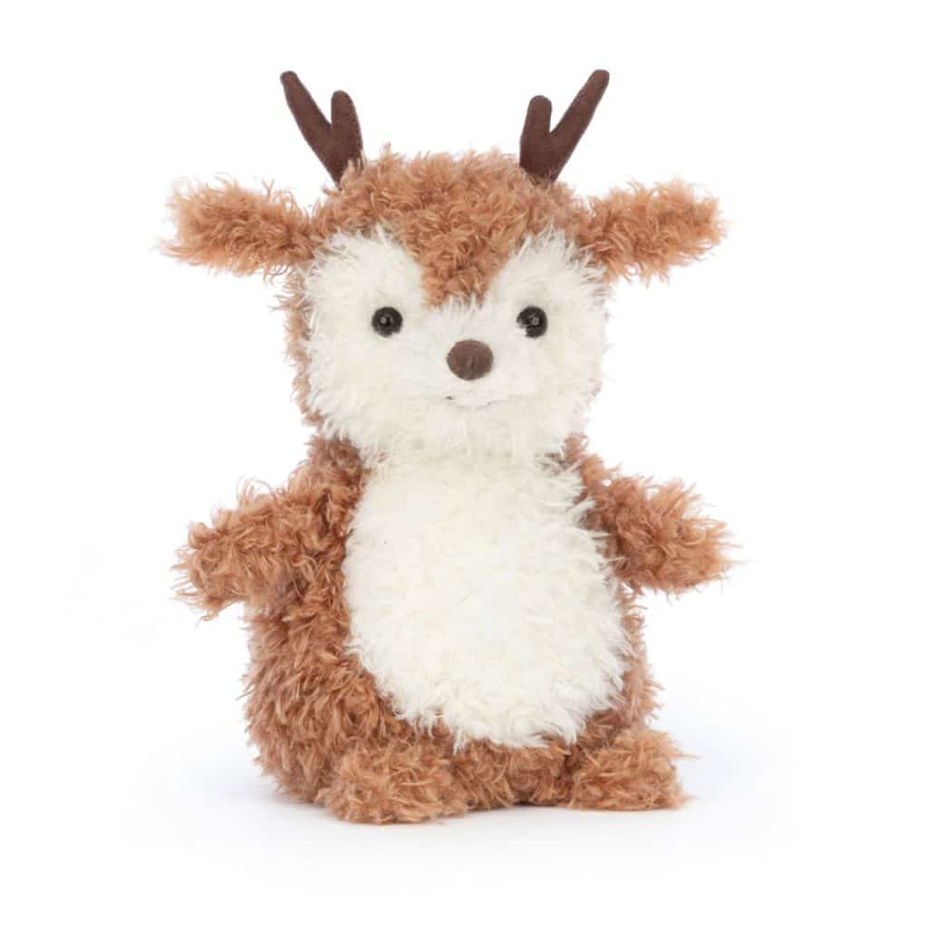 A cozy reindeer stuffed animal.