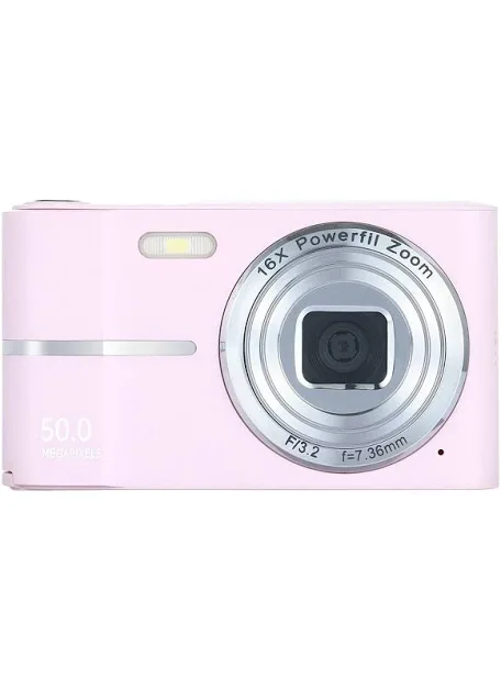A 4k, pink digital camera.