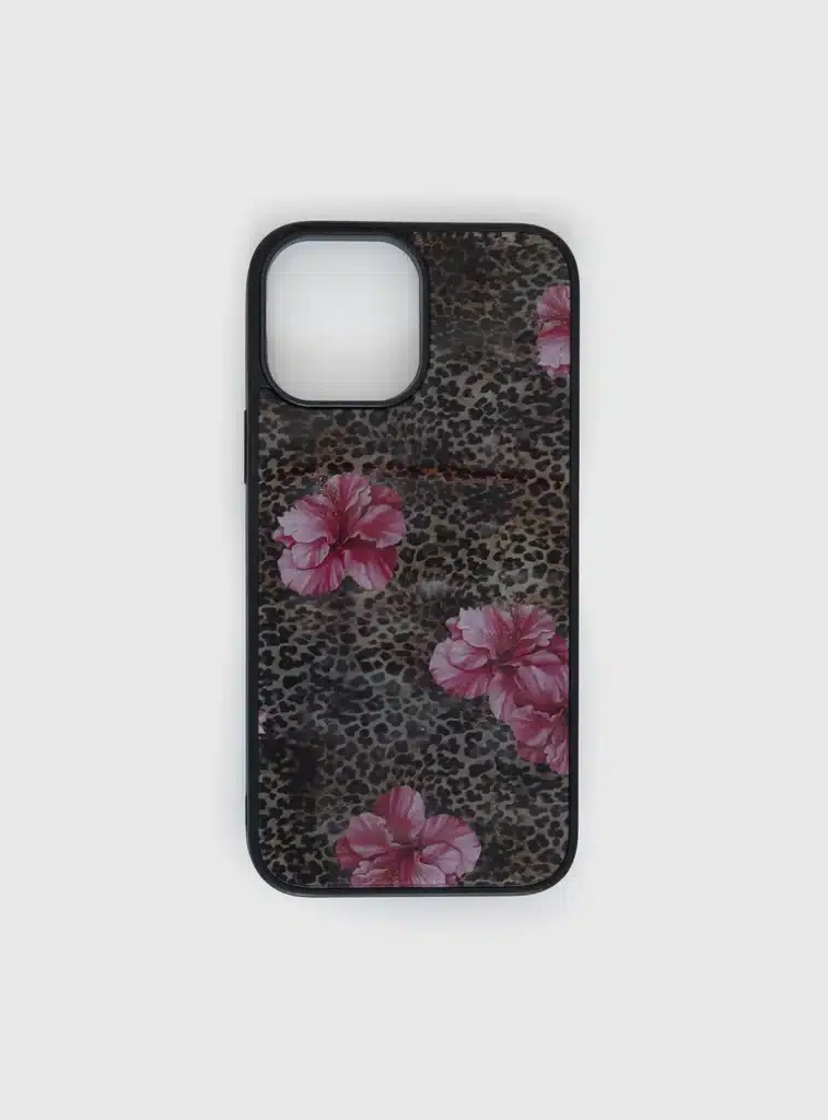 A leopard and floral print phone case. 