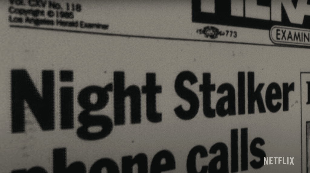 Close up of the headline of a newspaper reading "Night Stalker."