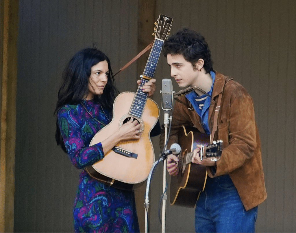Timothée Chalamet and Monica Barbaro in A Complete Unknown. Credit: Phedon Papamichael.