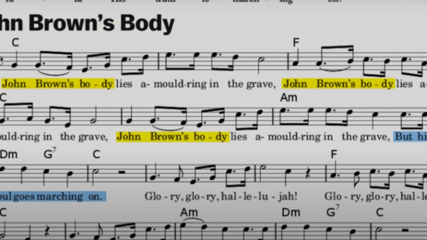 The lyrics and sheet music to political song "John Brown's Body."
