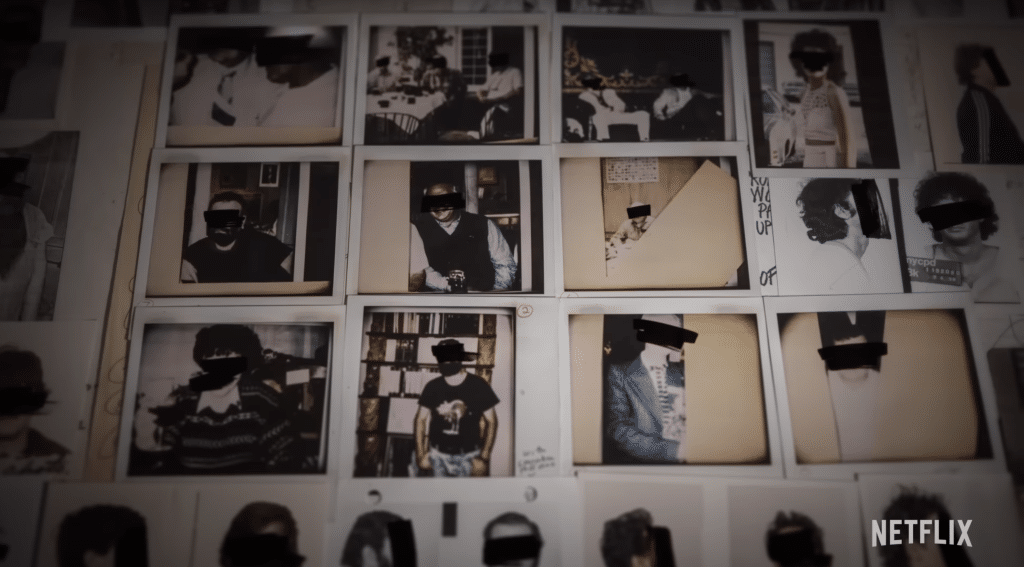 A bunch of old photographs of people with their faces covered with black marker from the Sons of Sam true crime docuseries