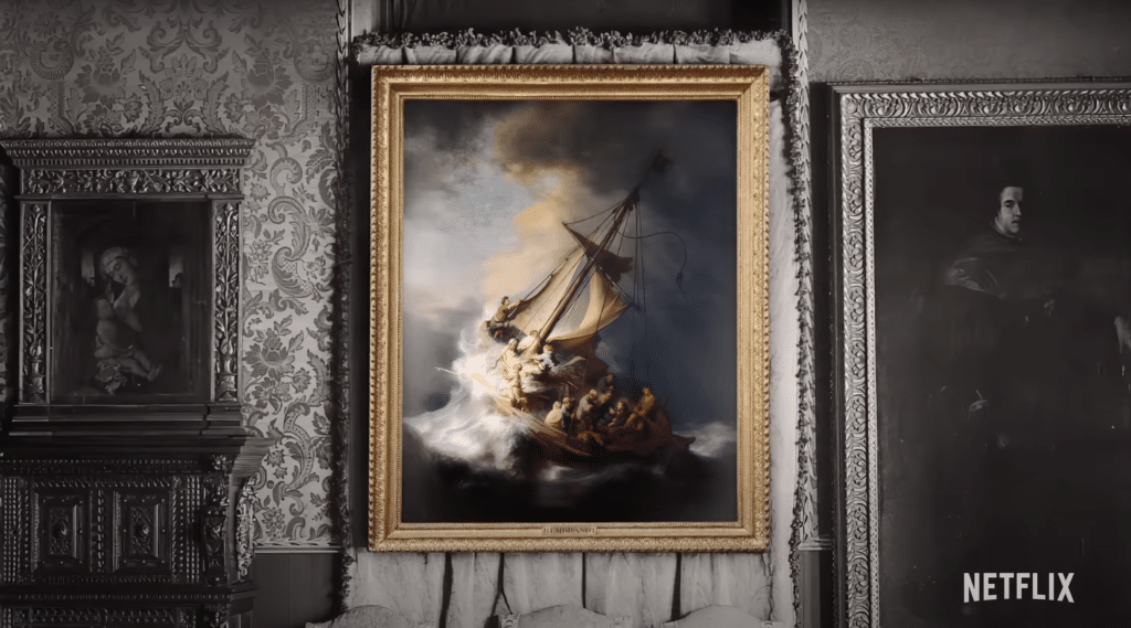 A framed version of Rembrandt's famous painting "The Storm on the Sea of Galilee."