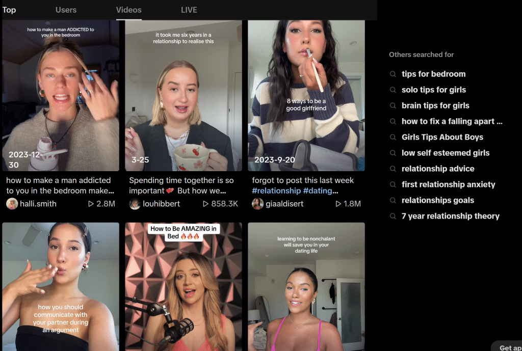 Screenshot of viral TikTok videos about relationships before the 4B Movement.
