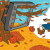 An illustration of someone sitting on a couch, with autumn leaves blowing around them. Their TV is attached to the tree, cementing the fall setting.