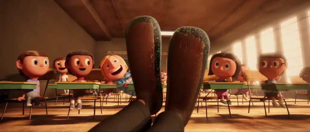 Flint's spray on shoes are displayed to the rest of his class, as the other children are laughing at him. 