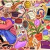 A girl surrounded by different aspects of uni life