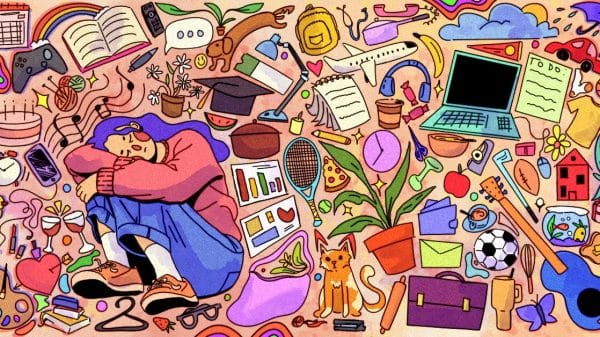 A girl surrounded by different aspects of uni life