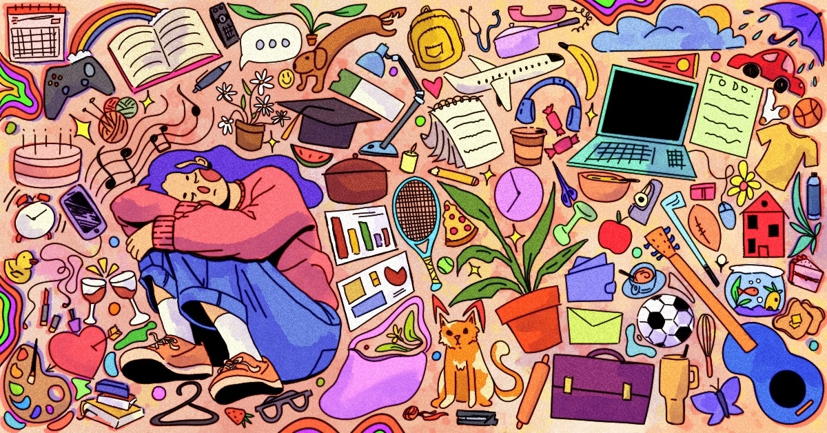 A girl surrounded by different aspects of uni life