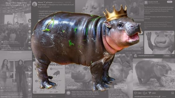 Moo Deng, a baby pygmy hippo, wearing a crown