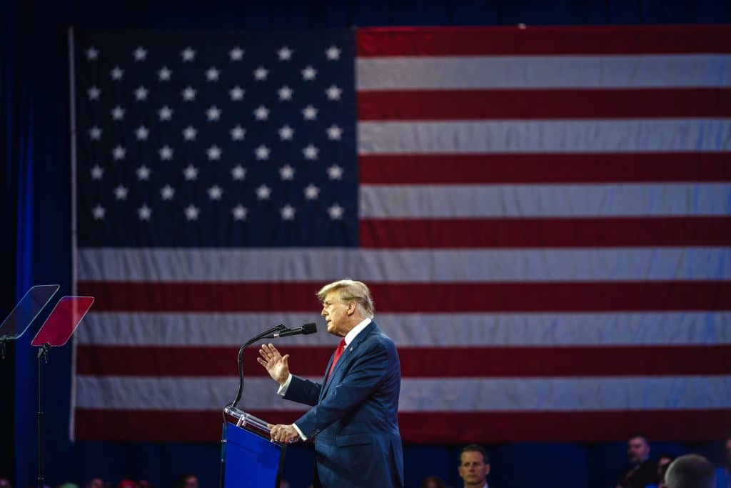 Donald Trump speaks at an event about his plan for defeating Kamala Harris in November. Credit: Shutterstock/Jonah Elkowitz