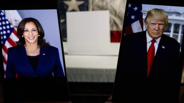 Kamala Harris and Donald Trump engage in a heated debate. Credit: Shutterstock/Below the Sky