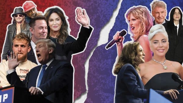 A split graphic featuring various celebrities representing either the Democratic Party or the Republican Party.