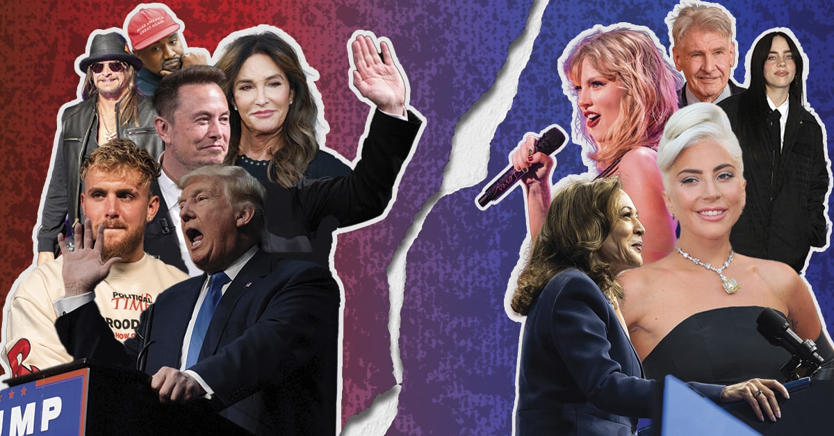 A split graphic featuring various celebrities representing either the Democratic Party or the Republican Party.